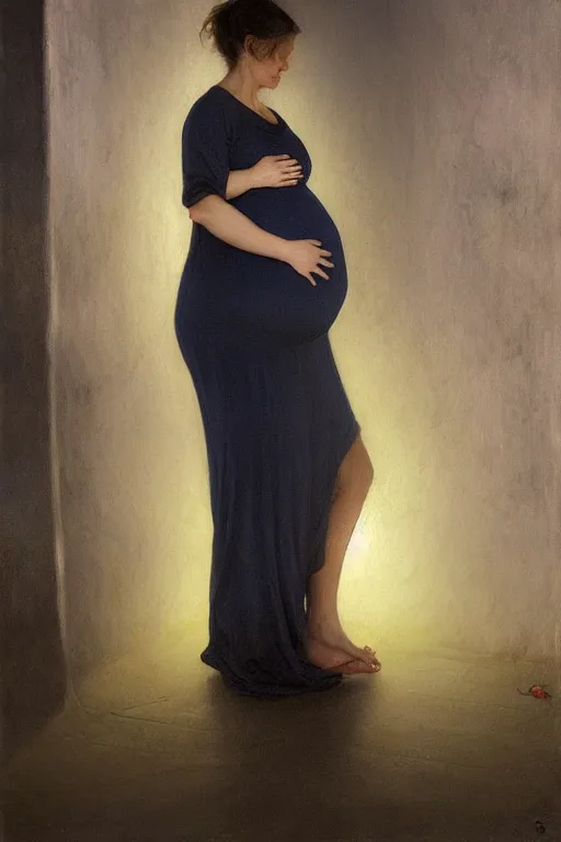 Image similar to pregnant woman under street light, casual wear, by Alyssa Monks, Bouguereau