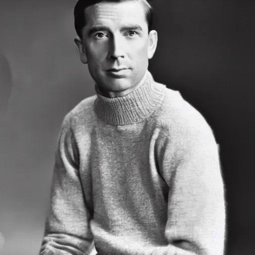 Prompt: a black and white photo of a man in a sweater, a colorized photo by george bogart, tumblr, art deco, handsome, 1 9 2 0 s, studio portrait