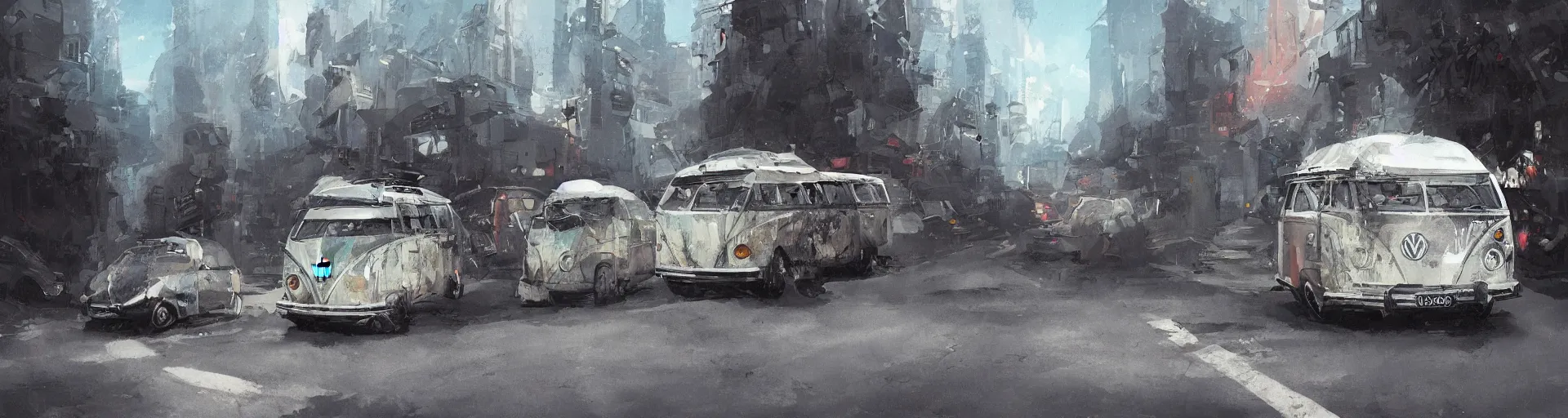 Image similar to vw bus on a street, illustration by greg rutkowski