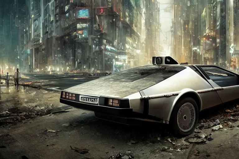 Image similar to photograph of the delorean, with a sleek spoiler, driving down the streets of a cyberpunk abandoned city, by greg rutkowski, by stanley artgerm, by alphonse mucha