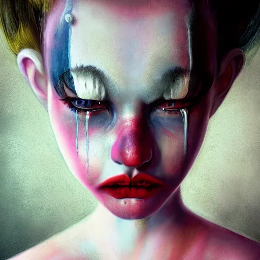 Image similar to breathtaking detailed painting of clown girl crying, piercing eyes, james jean, miho hirano, extremely moody lighting, hyperrealistic, octane render, rpg portrait, ambient light, dynamic lighting