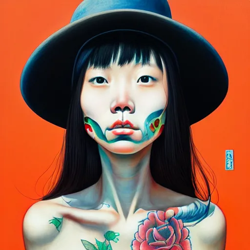 Image similar to full view of taiwanese girl with tattoos, wearing a cowboy hat, style of yoshii chie and hikari shimoda and martine johanna and edward hopper and james gilleard and zdzislaw beksisnski, highly detailed