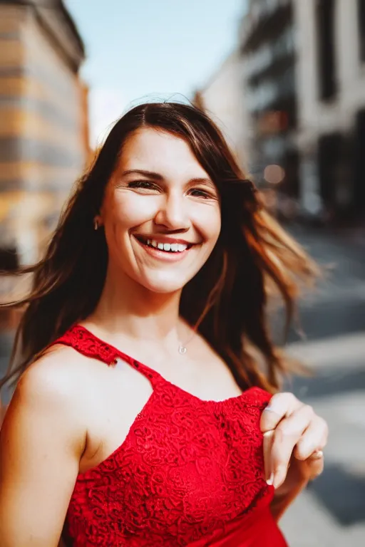 Image similar to blurry close up photo portrait of a smiling pretty woman in a red sleeveless dress, out of focus, street scene