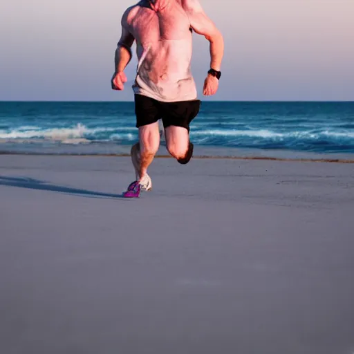 Image similar to Walter White running on the beach, artistic, 8k, cinematic, accurate, symetric, face, dramatic lighting, pastel colours