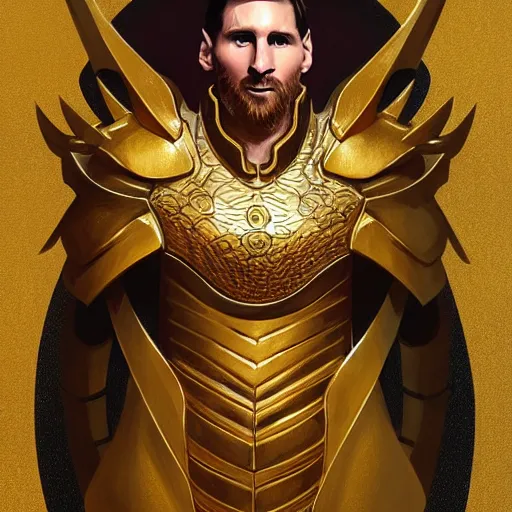 Image similar to Lionel Messi wearing a beautiful golden armor, D&D, fantasy, intricate, elegant, highly detailed, digital painting, artstation, concept art, matte, sharp focus, illustration, art by Artgerm and Greg Rutkowski and Alphonse Mucha