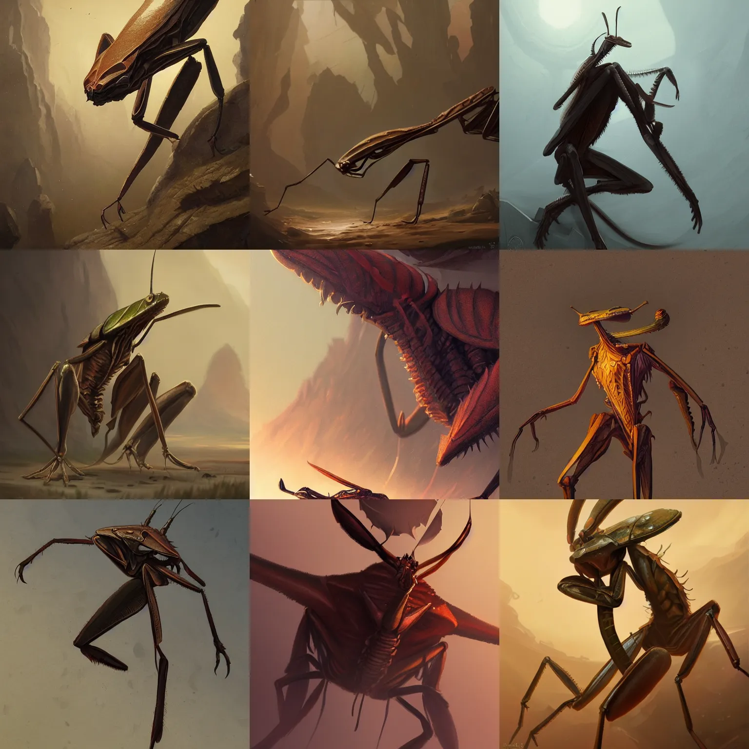Prompt: an anthropomorphic brown mantis, pancake flat triangular head. in style of greg rutkowski and hyung - tae kim, trending on artstation, dark fantasy, great composition, concept art, highly detailed, dynamic pose, vibrant colours, epic, 8 k.