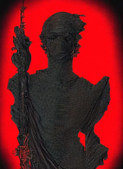 Prompt: elegant dark design poster showing a greco roman statue, black background with very subtle red and purple design elements, powerful, nekro, vito acconci, thick straight lines, dark, glitch art, neo vaporwave, gritty, layout frame, square, extremly detailed, trending on artstation