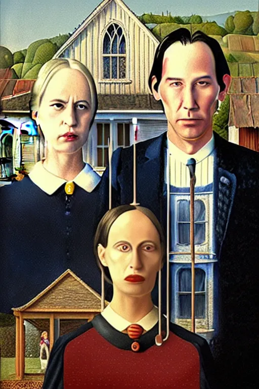 Image similar to painting of Keanu Reeves and Lady Gaga as the couple in American Gothic in the style of Grant Wood