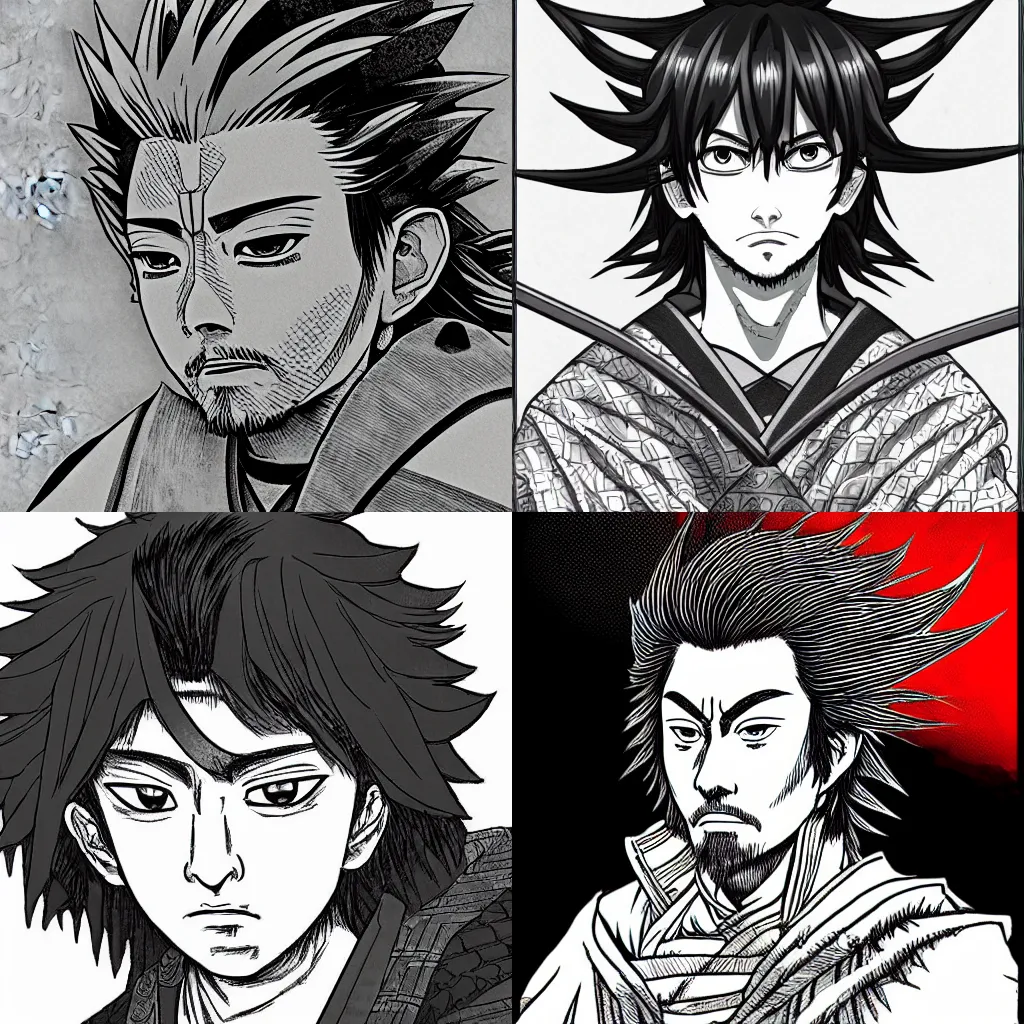 Prompt: miyamoto musashi, anime, highly detailed, digital art, centered, portrait, colored accurately, in the style of kentaro miura
