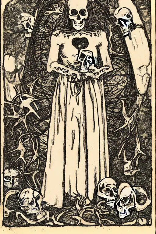 Image similar to tarot card of several skulls and bones with a young woman wearing a long dress stuck in the middle