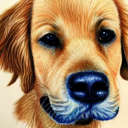 Image similar to finished kids drawing of a golden retriever, crayons. high details, photorealistic, artstation trending