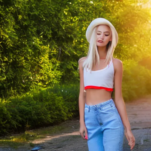 Image similar to young woman with medium length light blonde hair wearing a hip summer outfit, realistic photo, 4 k,