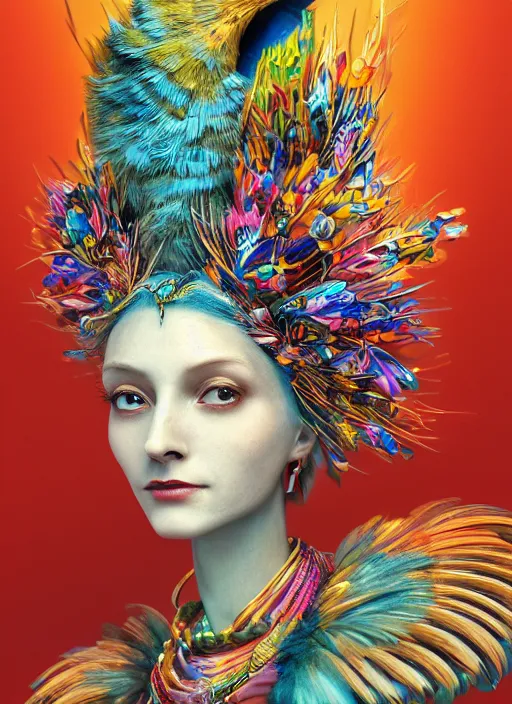 Image similar to an anthropomorphic beautiful goddess female wizard made of colourful bird portrait holding a staff wearing colourful robe, fine art, award winning, intricate, elegant, sharp focus, octane render, hyperrealistic, cinematic lighting, highly detailed, digital painting, 8 k concept art, art by jamie hewlett and z. w. gu, masterpiece, trending on artstation, 8 k