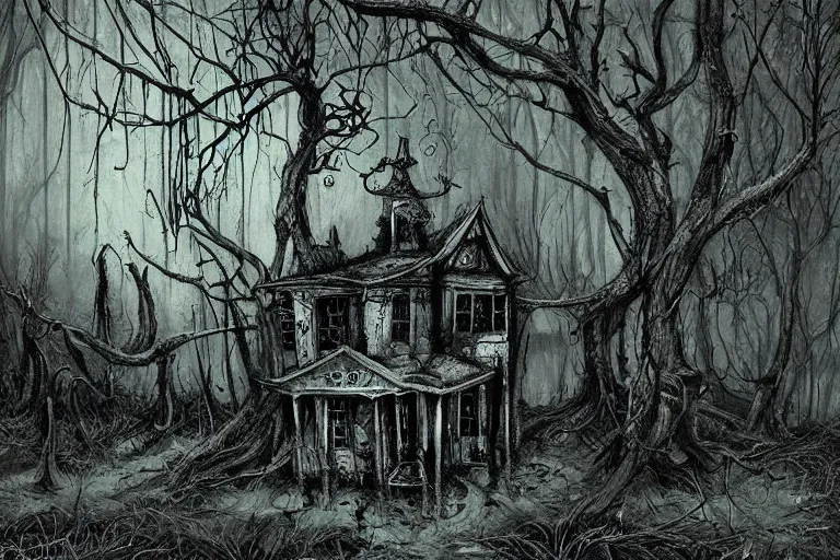 Image similar to mad horror painting of a futuristic alien witch house from another dimension in the woods by ben templesmith