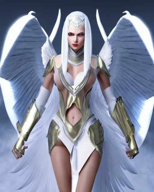 Prompt: perfect white haired attractive egyptian goddess with huge white dove wings, warframe armor, beautiful, symmetric, charlize theron, half asian, pretty face, blue eyes, scifi platform, laboratory, experiment, 4 k, ultra realistic, epic lighting, android body, illuminated, cinematic, masterpiece, art by akihito tsukushi, voidstar