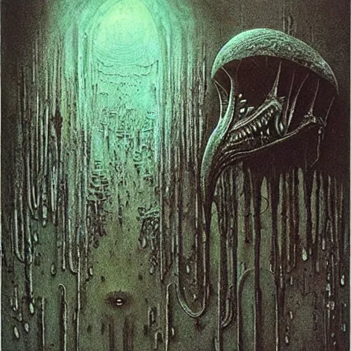 Prompt: an alien environment designed by giger and beksinski