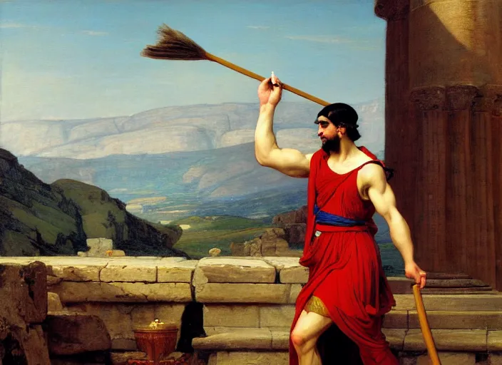 Prompt: painting of one man in ancient greek dress holding a broom, the temple of delphi in the midground, valley in the distance, in the style of jacques - louis david, neoclassical, in the style of john william waterhouse, extremely detailed, trending on artstation