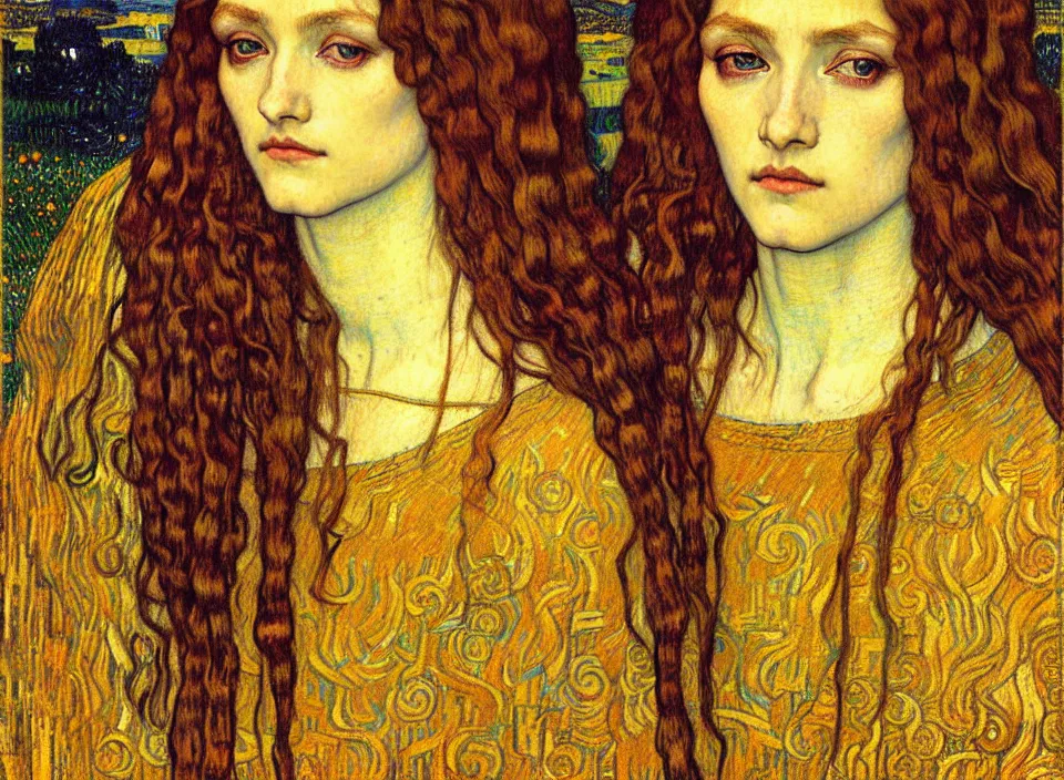 Image similar to detailed realistic beautiful young medieval queen face portrait by jean delville, gustav klimt and vincent van gogh, art nouveau, symbolist, visionary, gothic, pre - raphaelite, muted earthy colors, desaturated