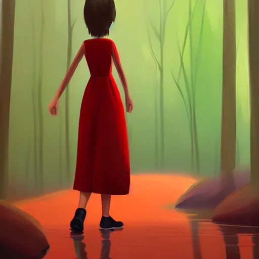 Prompt: goro fujita ilustration brunette girl in red dress crossing ( a small river in a forest ), painting by goro fujita, sharp focus, highly detailed, artstation