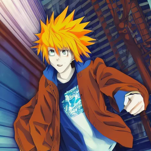 Image similar to orange - haired anime boy, 1 7 - year - old anime boy with wild spiky hair, wearing blue jacket, running past colorful building, red - yellow - blue colored building, turquoise aquamarine windows, strong lighting, strong shadows, vivid hues, ultra - realistic, sharp details, subsurface scattering, intricate details, hd anime, 2 0 1 9 anime