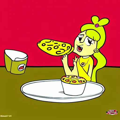 Prompt: buttercup eating pizza, art by craig mccracken, powerpuff girls style, animation