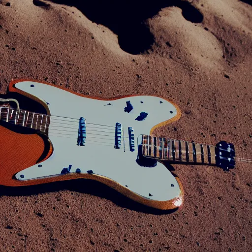 Image similar to photo of a detailed, realistic, regular sized, sitting idle fender electric guitar. a sitting idle beer can. an astronaut sitting down on the moon surface. detailed photo. realistic photo. cinematic. cinematic shot