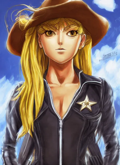 Prompt: a portrait one person, complexity, global lighting, detail, ultra sharpness, beautiful female sheriff body from games yoshihiro togashi style, big eyes, plump lips, a gunshot, global lighting, western saloon theme, detailed faces, blank faces, style by cain kuga, cowboy bebop art style