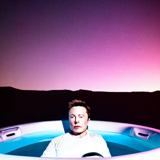 Prompt: Elon Musk on Mars in a hot tub, grungy, unkept hair, glowing eyes, modelsociety, radiant skin, huge anime eyes, RTX on, perfect face, directed gaze, intricate, Sony a7R IV, symmetric balance, polarizing filter, Photolab, Lightroom, 4K, Dolby Vision, Photography Award