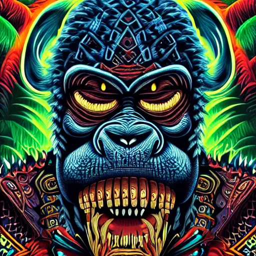 Prompt: barong family member, wiwek, mara demon, one single tribe member, jungle, one single mask, dark, ancient warrior, violent gorilla, lizard rage, tribal, inner glow, art by dan mumford and justin gerard