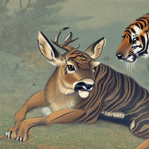 Image similar to a painting of deer and tiger facing each other, their heads bowed towards ground by koson ohara