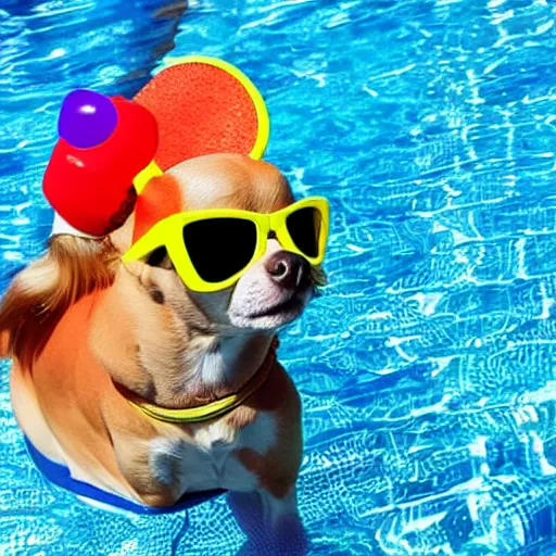 Prompt: chihuahua with sun glasses and a cocktail with funny hat in a pool party. bojack horseman.