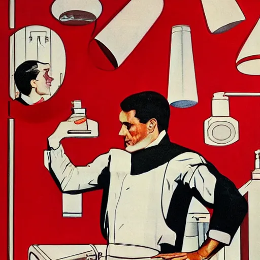 Prompt: man in futurist lab, 6 0 s ´ s design, leyendecker style, red and white walls