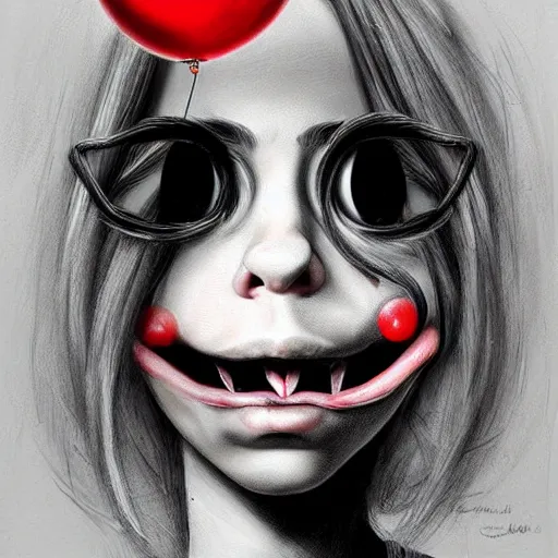 Image similar to surrealism grunge cartoon portrait sketch of billie eilish with a wide smile and a red balloon by - michael karcz, loony toons style, dr seuss style, horror theme, detailed, elegant, intricate