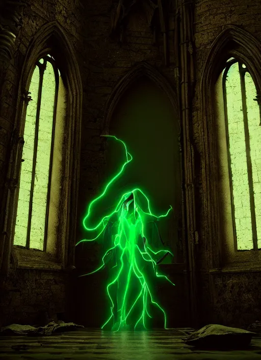 Prompt: character and environment design, biomechanical arcanist in church on castle hallway, tattered robe and hood, green lightning, fog, scary, arrogant, hostile, photorealistic, cinematic, hyper realistic, octane render, 8 k, wide angle