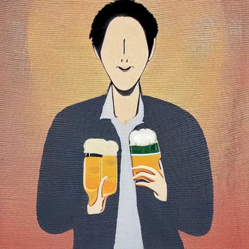 Image similar to a man happily drinks beer, art created by Kimitake Yoshioka.