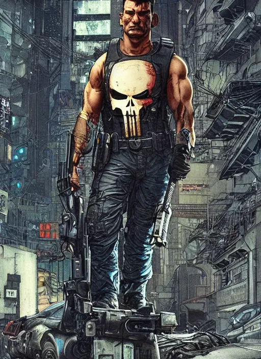 Image similar to the punisher. cyberpunk mercenary in tactical harness and jumpsuit. portrait by stonehouse and mœbius and will eisner and gil elvgren and pixar. realistic proportions. dystopian. cyberpunk 2 0 7 7, apex, blade runner 2 0 4 9 concept art. cel shading. attractive face. thick lines.