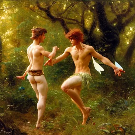 Prompt: 2 attractive male fairies in the forest frolicking. highly detailed painting by gaston bussiere, craig mullins, j. c. leyendecker, 8 k