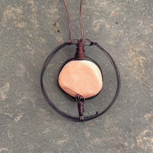 Image similar to beautiful but simple circular amulet made from equal parts bright sandstone and dark sandstone with a small rock shard separating them in the middle, bound together by copper wire and representing powerful love