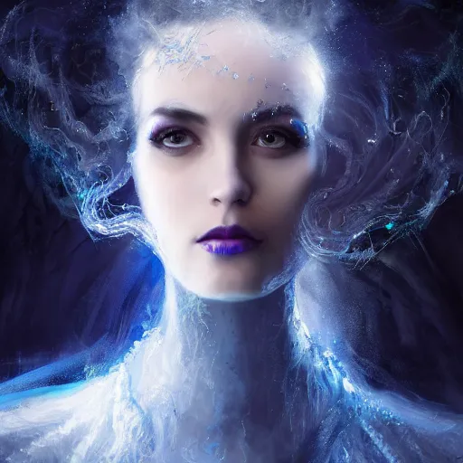 Prompt: masterpiece portrait of an aesthetic realistic mage woman, casting ice spell, 3 0 years old woman, black hair, wearing thin silver diadem with blue gems inlays, oil painting by joachim bergauer and magali villeneuve and wlop, atmospheric effects, chaotic fractal fog and sparks dynamics in the background, intricate, artstation, instagram, fantasy