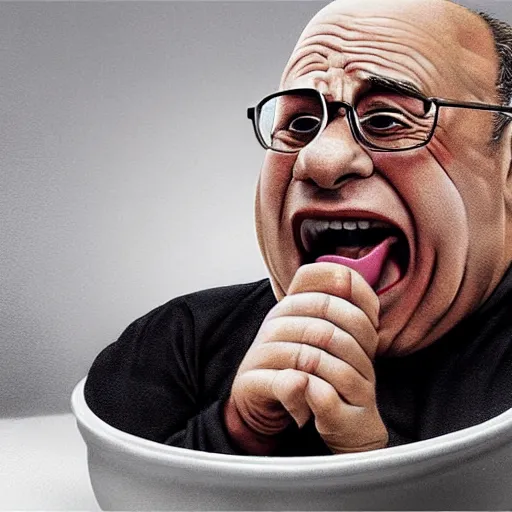 Image similar to hyperrealistic mixed media high resolution image of Danny DeVito screaming at a bowl of noodles, stunning 3d render inspired art by István Sándorfi and Greg Rutkowski and Unreal Engine, perfect symmetry, dim volumetric lighting, 8k octane beautifully detailed render, post-processing, extremely hyper-detailed, intricate, epic composition, highly detailed attributes, highly detailed atmosphere, full body shot, cinematic lighting, masterpiece, trending on artstation, very very detailed, masterpiece, stunning, flawless structure, lifelike texture, perfection,