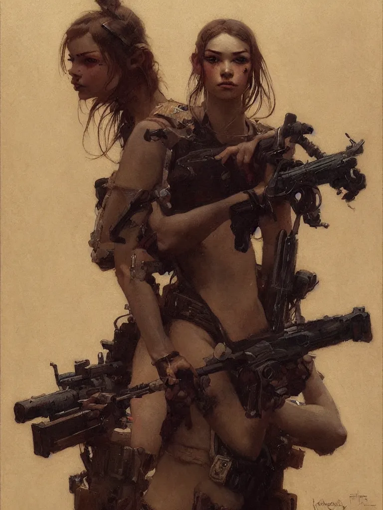 Image similar to portrait max mad cyberpunk, girl with a rifle character design, painting by gaston bussiere, katsuya terada, nc wyeth, greg rutkowski, craig mullins, vermeer, frank frazetta, tom of finland, trending on artstation, jeffery catherine jones