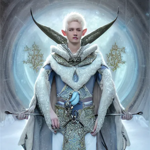 Prompt: an epic concept art of a handsome androgynous male snow elf with a bow in a turquoise cape and silver armour, albino skin, winter vibes, elegant, very coherent symmetrical artwork, by tomasz alen kopera and alphonse mucha, photorealistic, sharp focus, octane render, rtx, hdr, unreal 5, trending on artstation