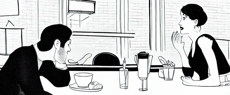 Prompt: man and woman talking quietly in a diner, over the shoulder shot, storyboard panel, eye level, black and white marker