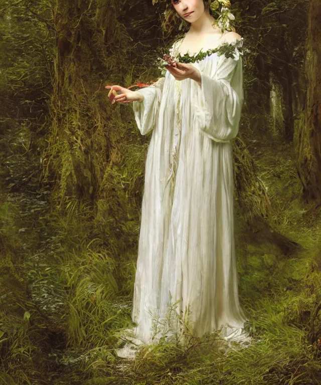Image similar to young beautiful fey druid woman, full body portrait, white hair, flower crown, dark green robes, intricate, standing in a dark forest, sunbeams, in style of john everett millais