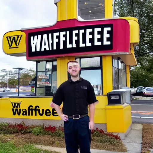 Image similar to wafflehouse employee's standing below wafflehouse sign