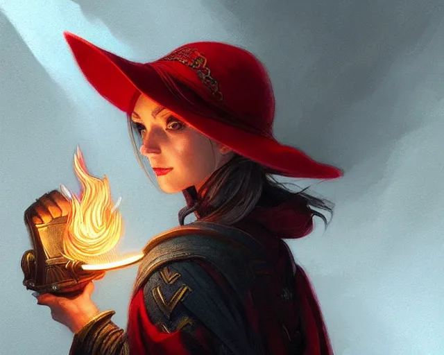 Image similar to red hat wizard, holding a torch, deep focus, d & d, fantasy, intricate, elegant, highly detailed, digital painting, artstation, concept art, matte, sharp focus, illustration, hearthstone, art by artgerm and greg rutkowski and alphonse mucha