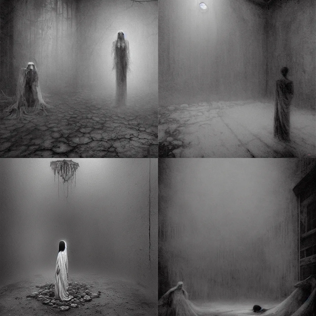 Prompt: yuki - onna haunting an abandoned asylum by zdislaw beksinski, heavy fog, dark and creepy atmosphere, bones cover the floor