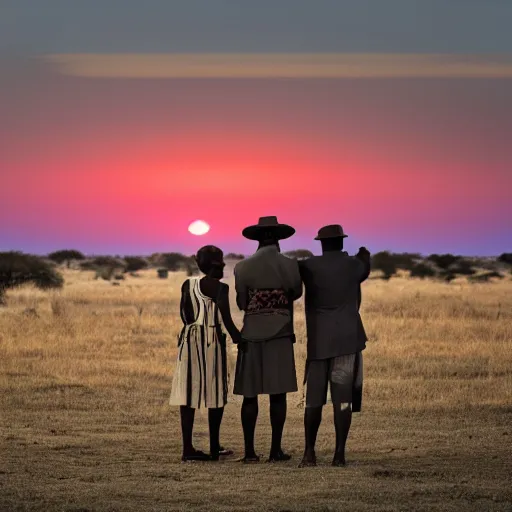 Image similar to a couple of a man and a woman dressed in goyesques looking back at the african savannah at sunset. in the background on the left the ship enterprise approaches. national geographic photography style.