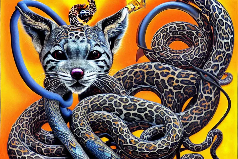 Image similar to a detailed painting of a cyberpunk magick ferret with occult futuristic effigy beautiful lynx fur that is a adorable leopard atomic latent snakes in between cybernetic ferret biomorphic of a molecular hallucinations in the style of escher, alex grey, stephen gammell inspired by realism, symbolism, magical realism and dark fantasy, crisp, vivid,