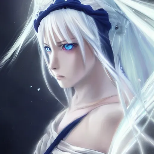 Image similar to anime girl with white hair gathered in two tails, with white diamond - shaped hairpins on her head, dark blue eyes, in a white cloak and hood, anime style, 4 k, high quality, digital painting, elegant, highly detalied, artstation, concept art, art by artgem and greg rutkowski and alphonse mucha